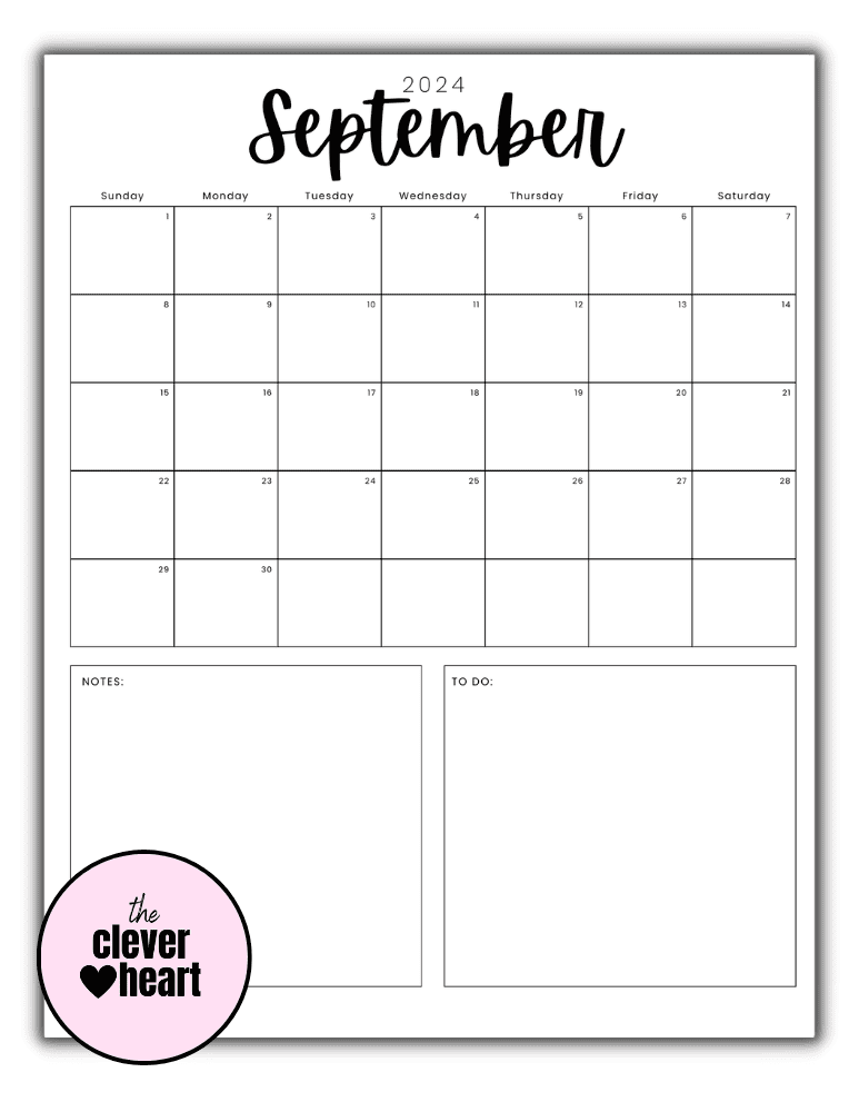 Vertical Black and White September printable Calendar 2024 Script Font