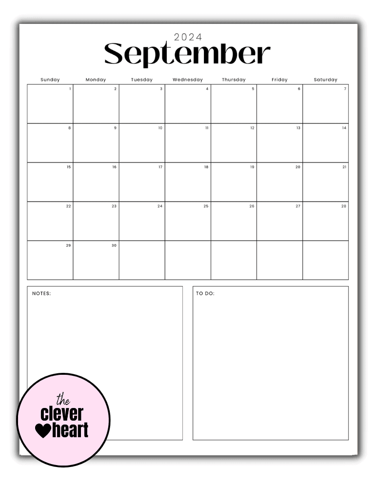 Vertical Black and White September printable Calendar 2024
