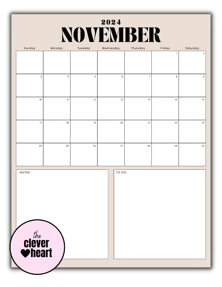 Vertical November printable Calendar 2024 Beige Background