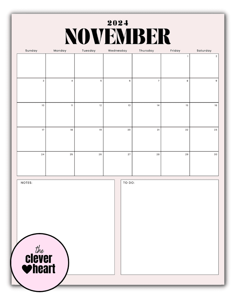 Vertical November printable Calendar 2024 Pink Background