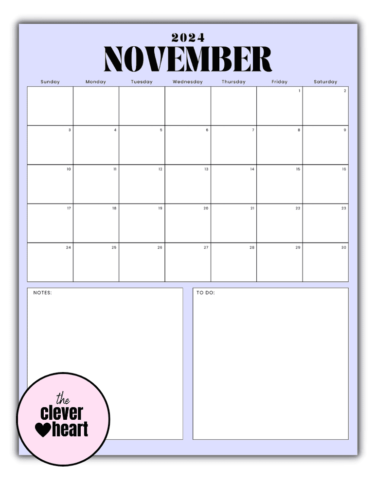 Vertical November printable Calendar 2024 Purple Background