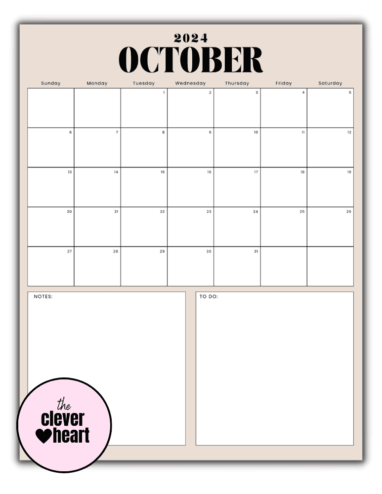 Vertical October printable Calendar 2024 Beige Background