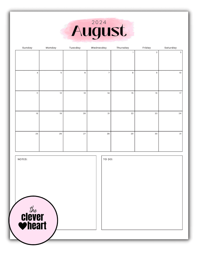 Vertical Pink Highlight August Printable Calendar 2024
