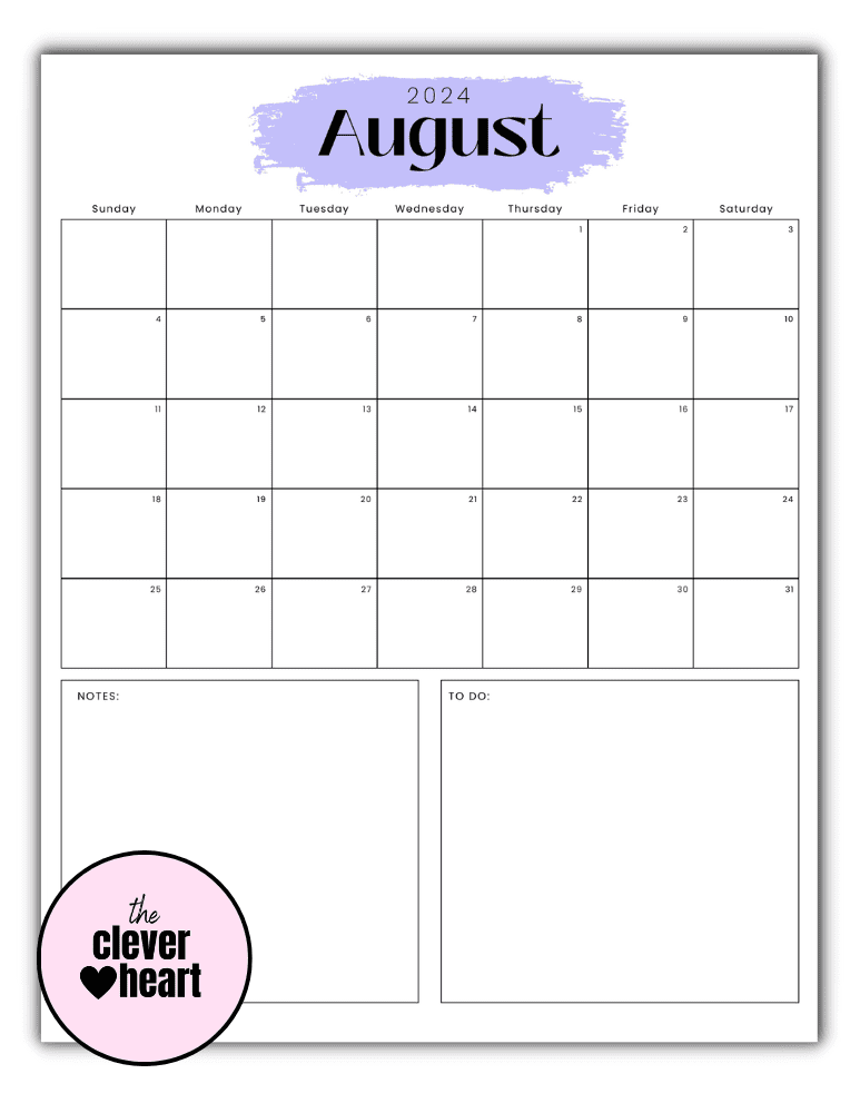 Vertical Purple Highlight August printable Calendar 2024