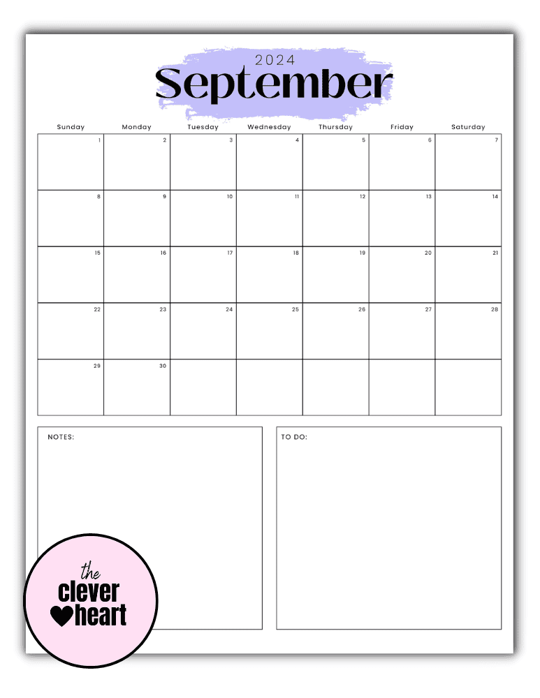 Vertical Purple Highlight September printable Calendar 2024