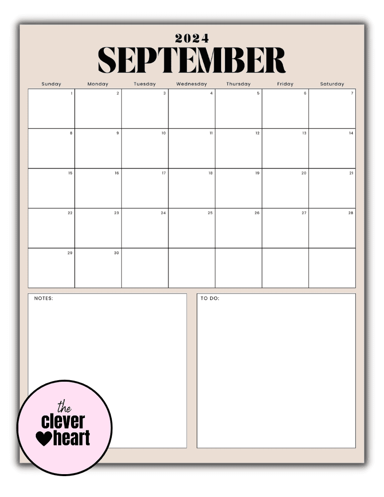 Vertical September printable Calendar 2024 Beige Background