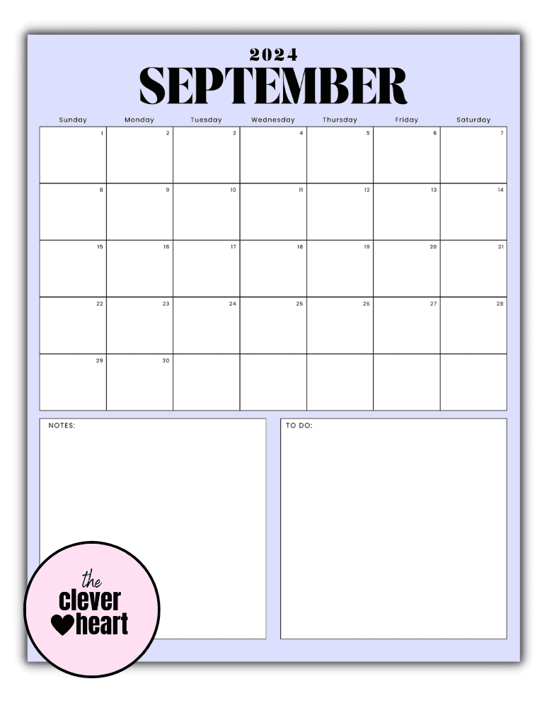 Vertical September printable Calendar 2024 Purple Background