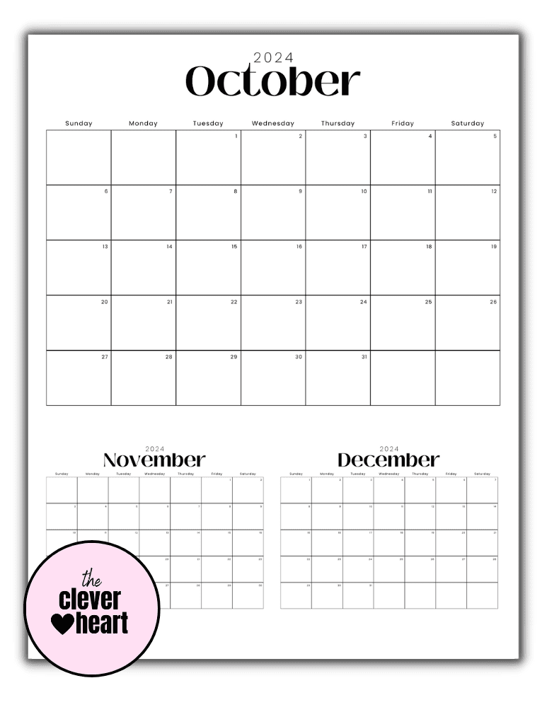 october november december printable calendar 2024