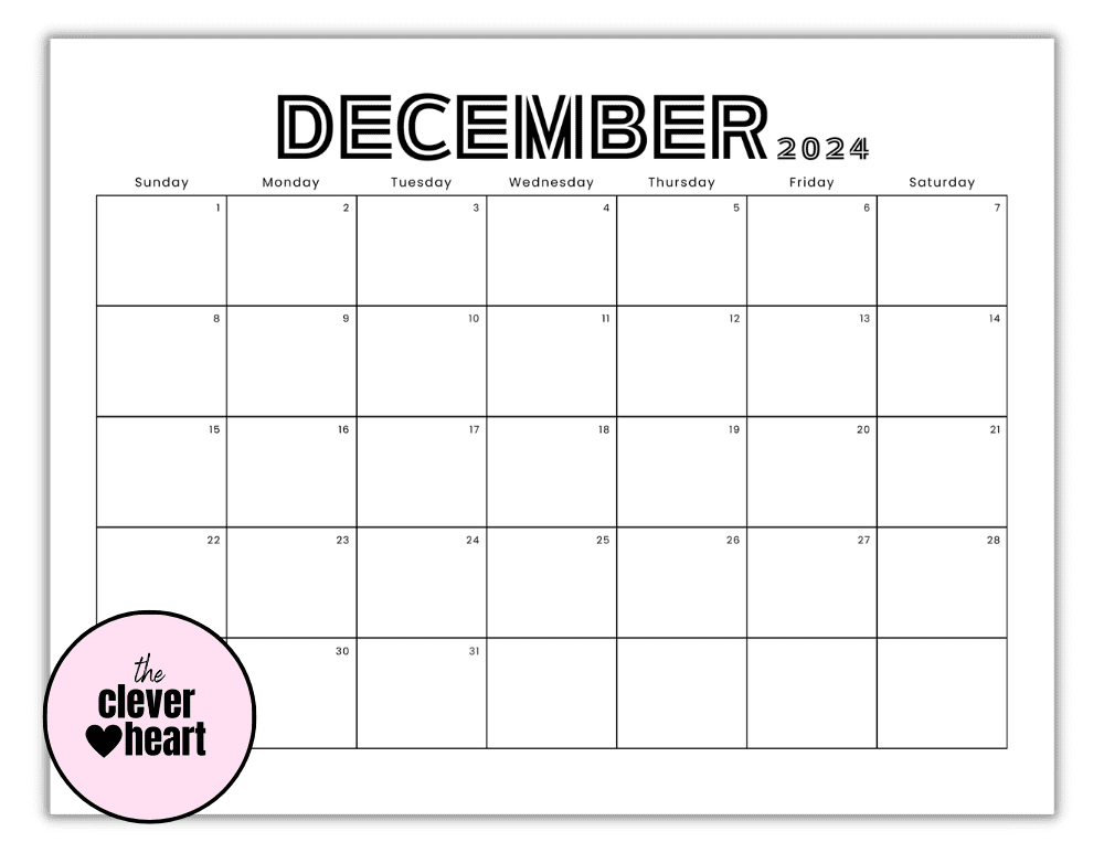 Horizontal Black and White December printable Calendar 2024 Lined Font