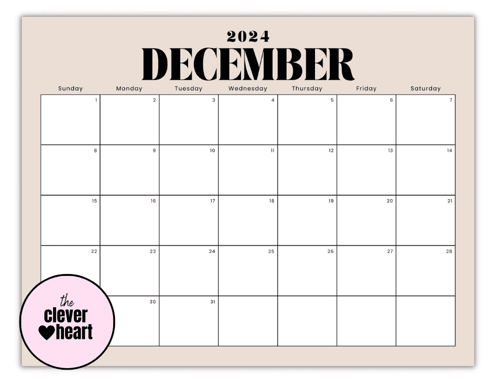 Horizontal December printable Calendar 2024 Beige Background
