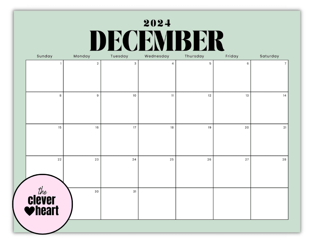 Horizontal December printable Calendar 2024 Sage Green Background