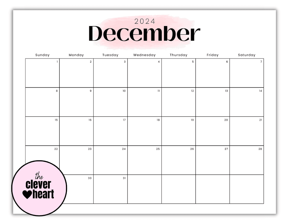 Horizontal Pink Highlight December Printable Calendar 2024