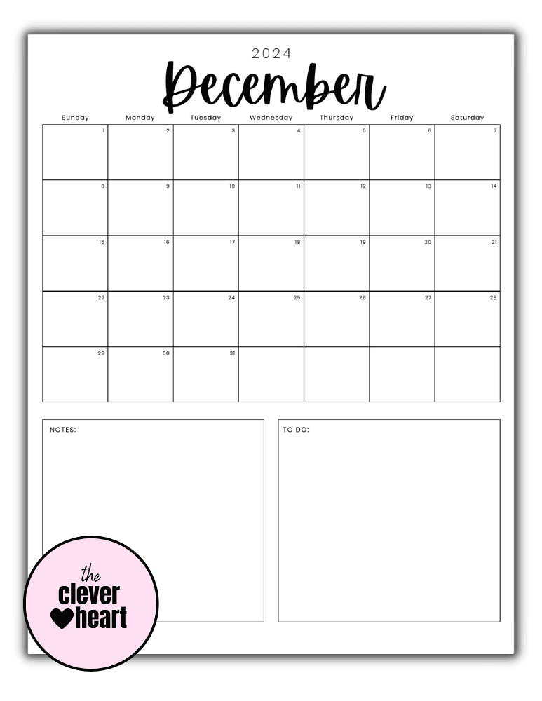 Vertical Black and White December printable Calendar 2024 Script Font