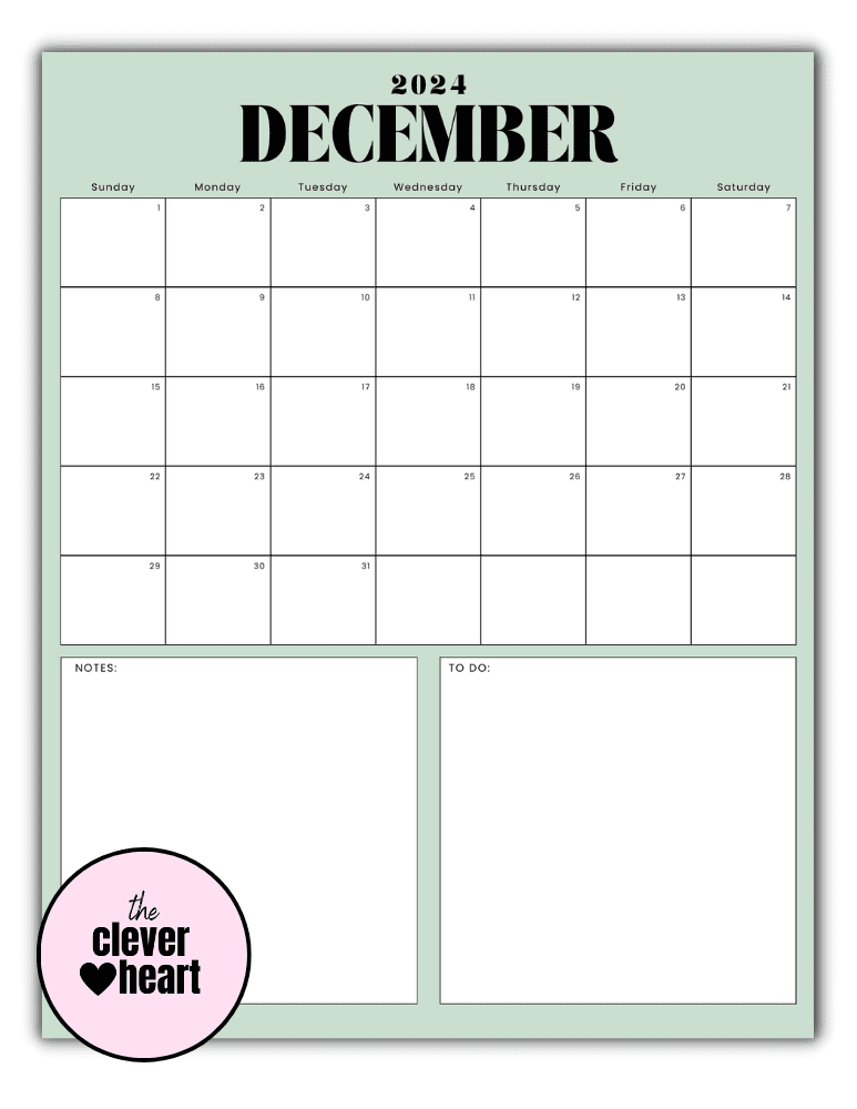 Vertical December printable Calendar 2024 Sage Green Background