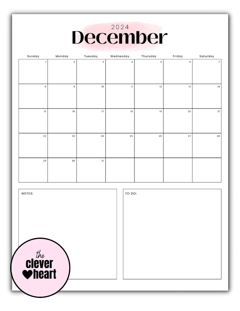 Vertical Pink Highlight December Printable Calendar 2024