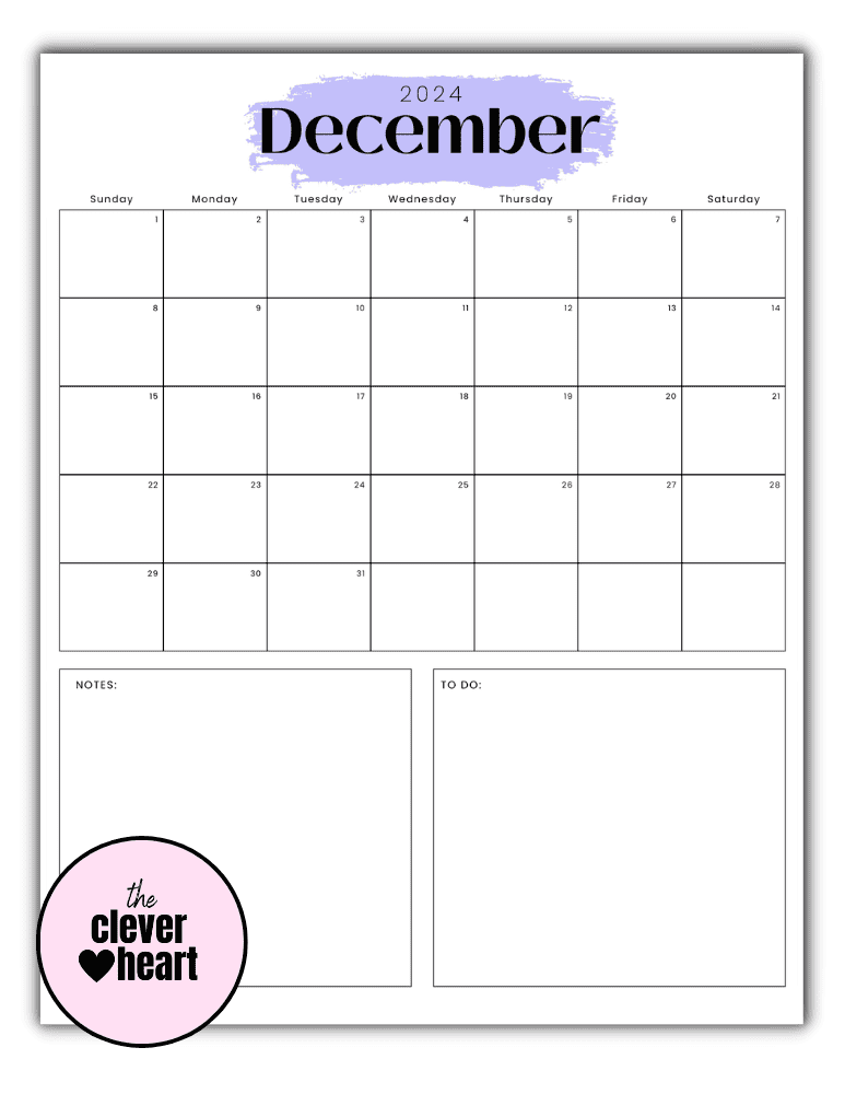 Vertical Purple Highlight December printable Calendar 2024